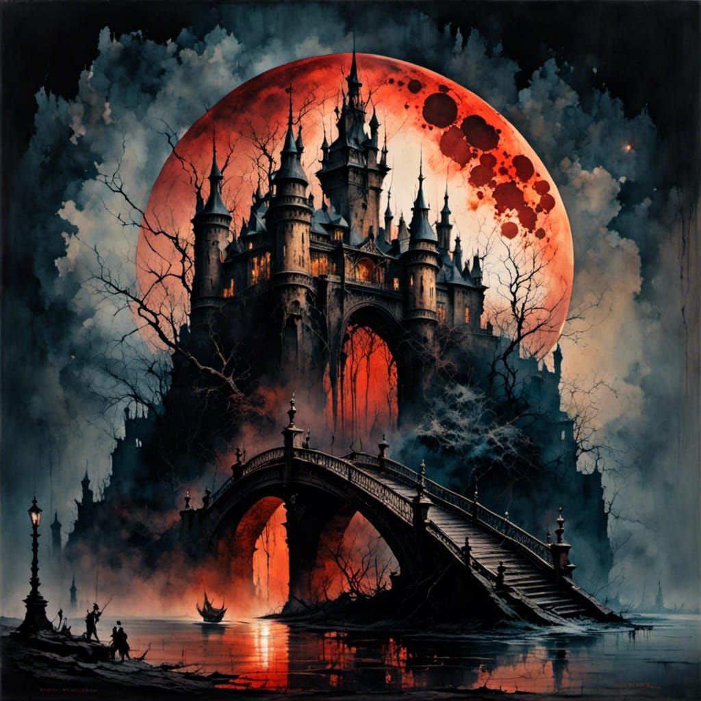 Epic Castle Under Blood Moon in Dark Fantasy Style