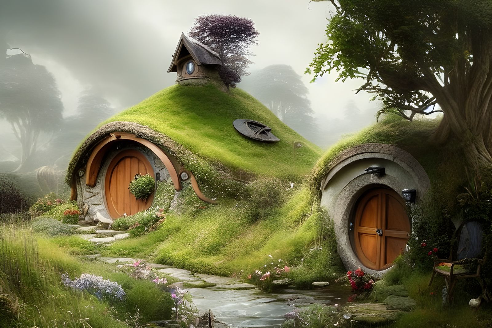Hobbit House on Country Road: Digital Art Nouveau