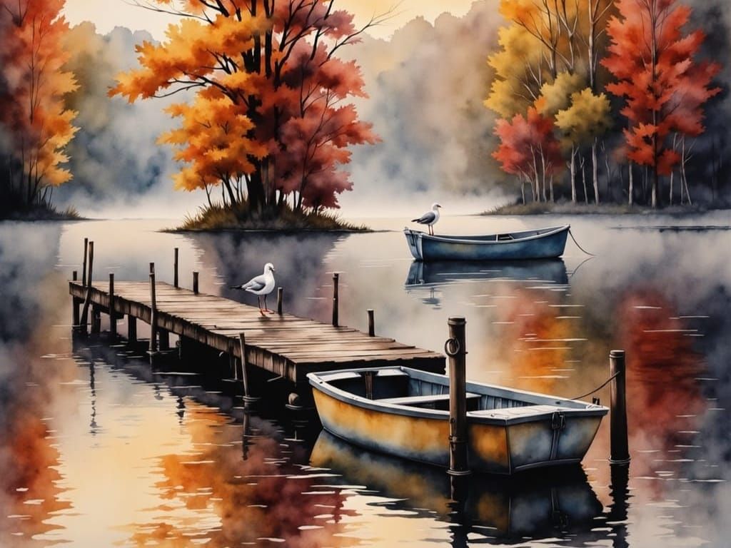 Tranquil Autumn Lake in Watercolor Style