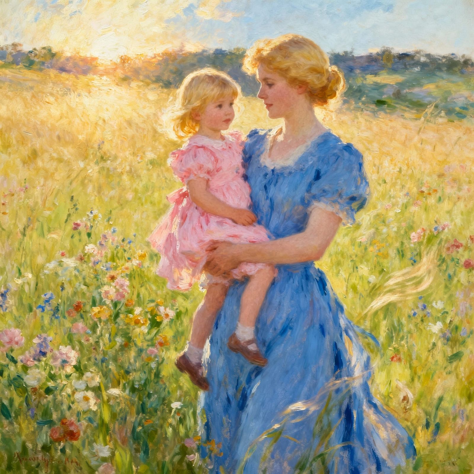 Mother and Daughter in Field, Impressionist Style