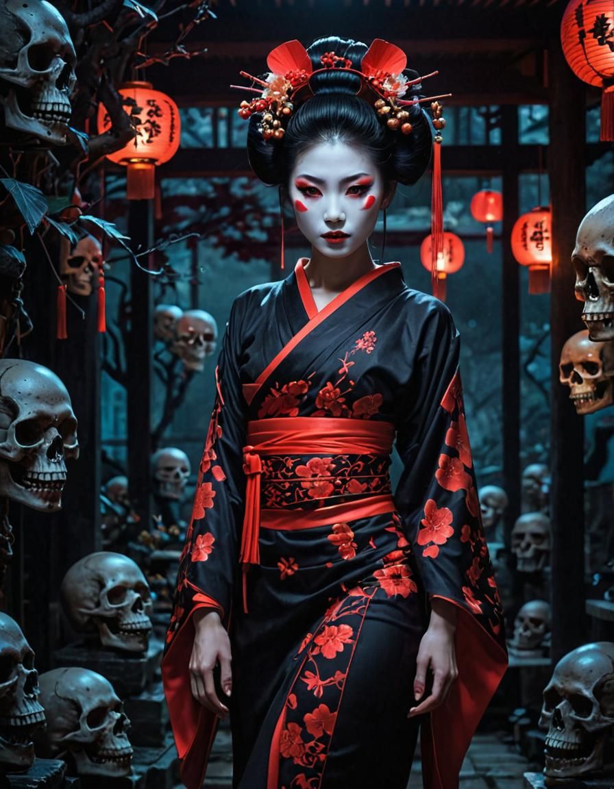 Neon Geisha in Dark Fantasy Realm