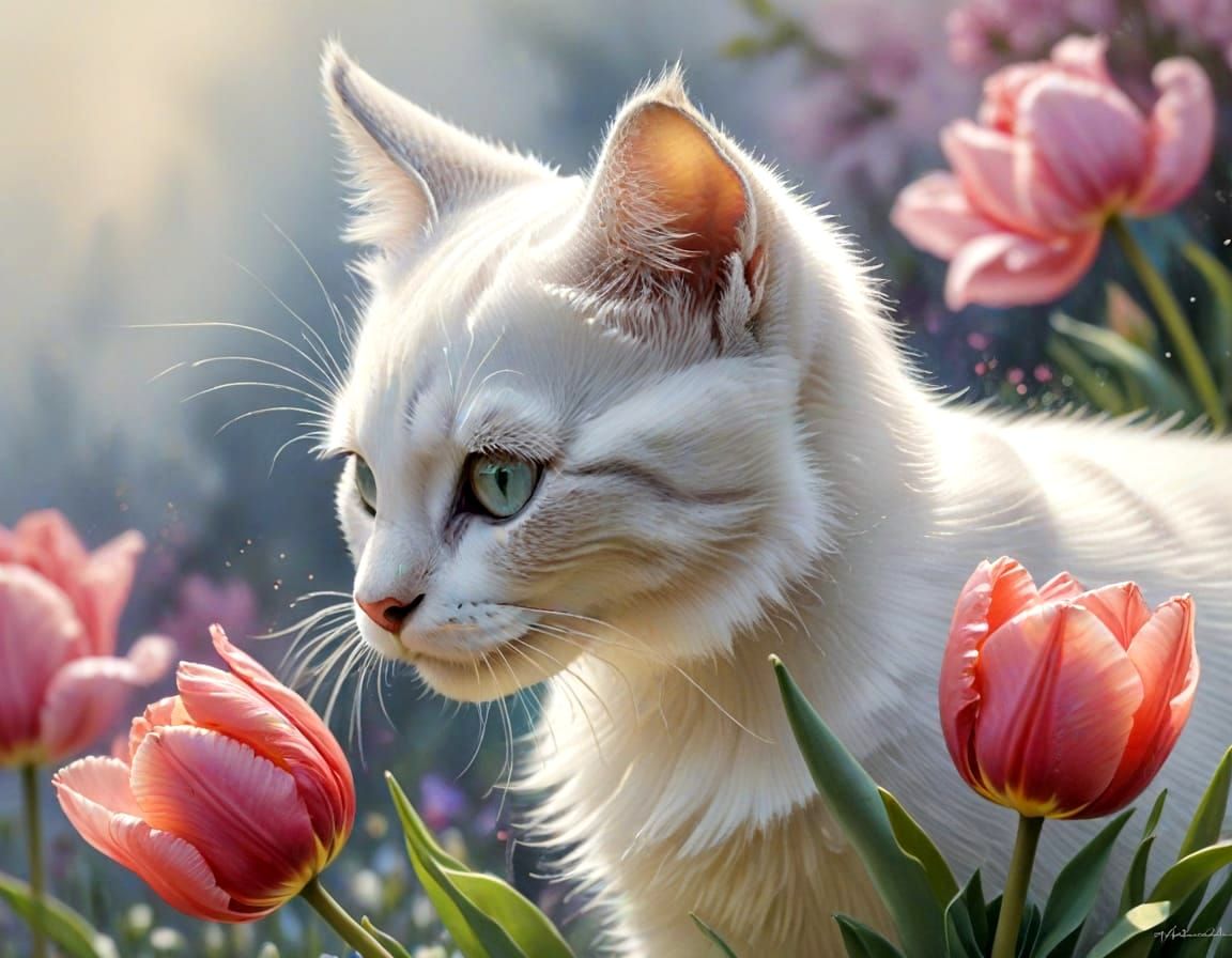 Sweet Kitten Sniffing Blooming Tulip in Watercolour