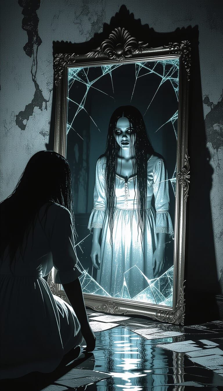La Llorona Appears Behind Terrified Person in Shattered Mirr...