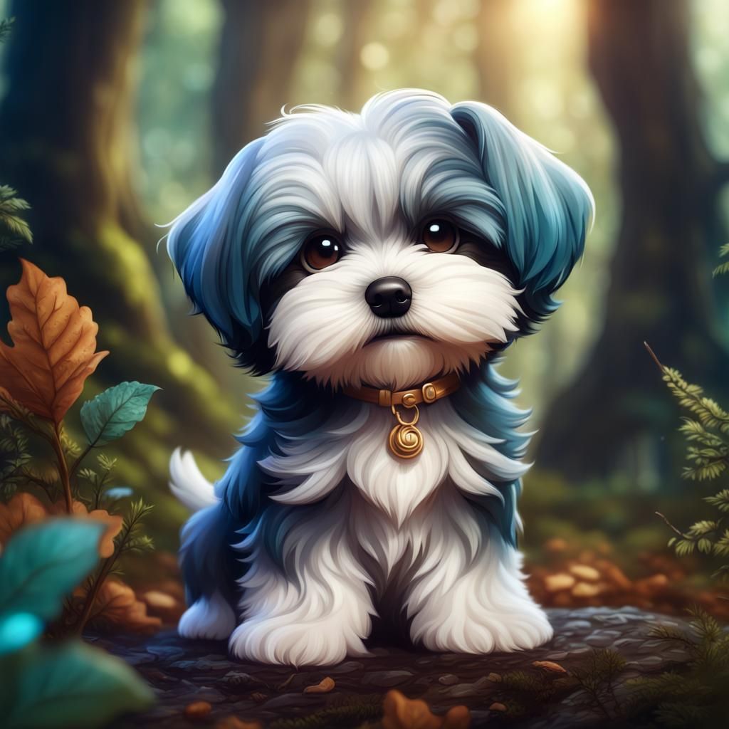 Portrait of Adorable Little " beautiful cute chibi baby havanese dog”, “fantasy forest background
