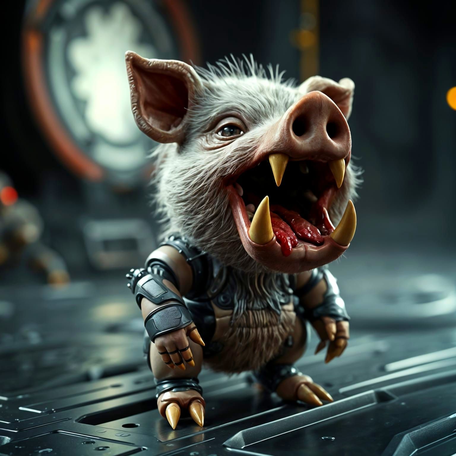 Sci-Fi Pig-Doll Predator on Metallic Ground