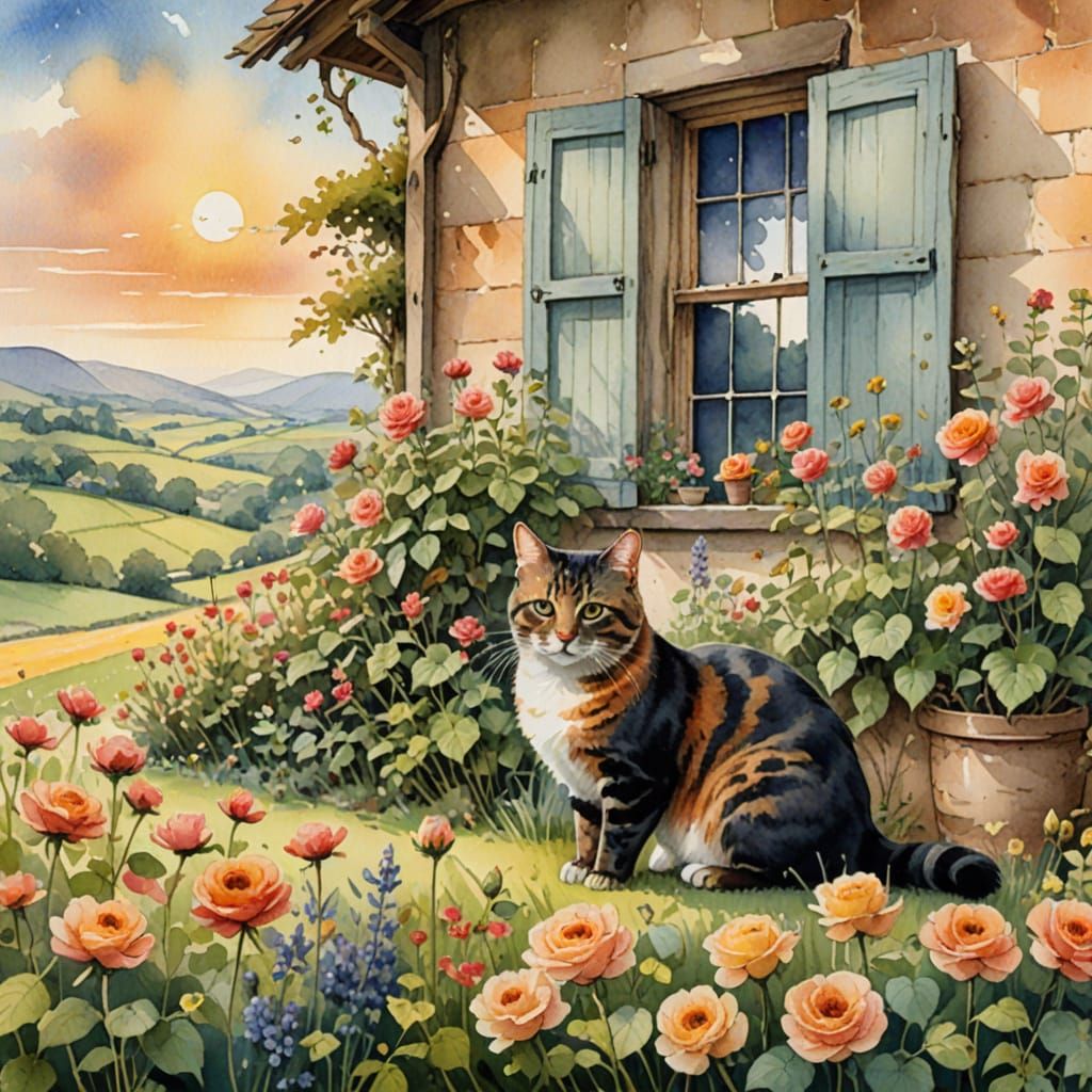 Tortoiseshell Cat in Watercolor Cottagecore Scene