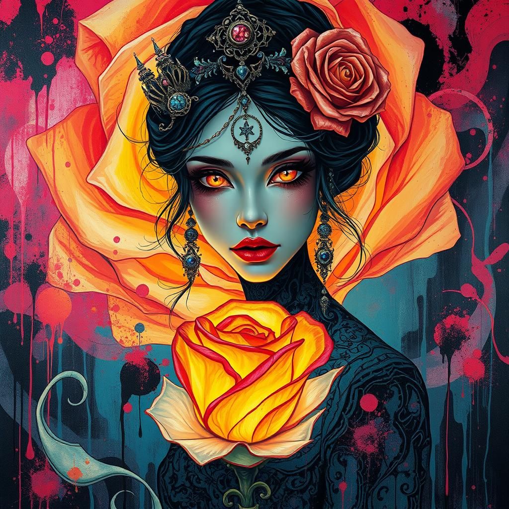 Ethereal Woman Emerges from Glowing Rose