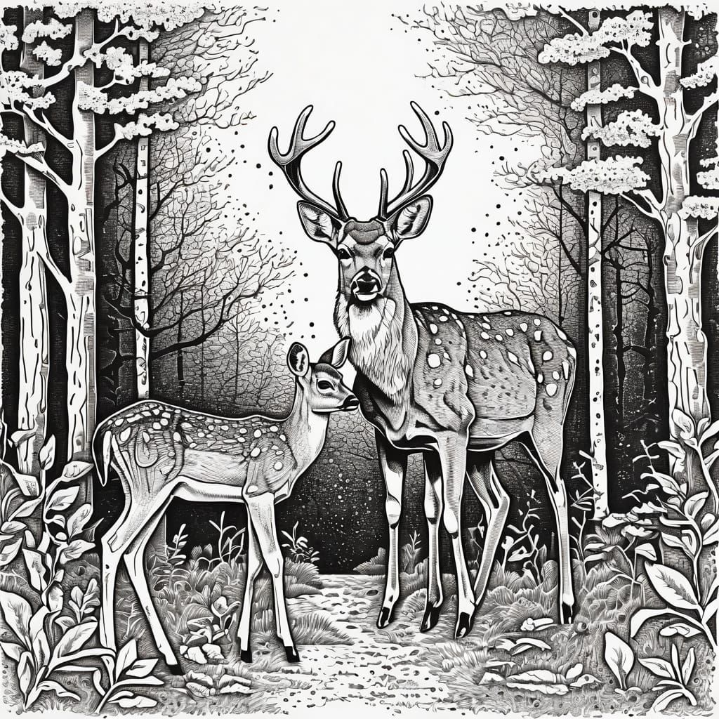 In the style of Pablo Jurado Ruiz a stippling ink drawing of a deer and fawn in the forest