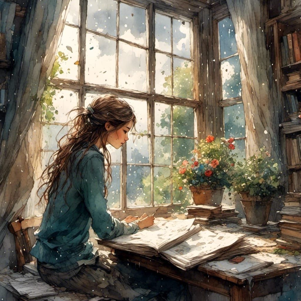 Girl at Stormy Window: Painterly Digital Art