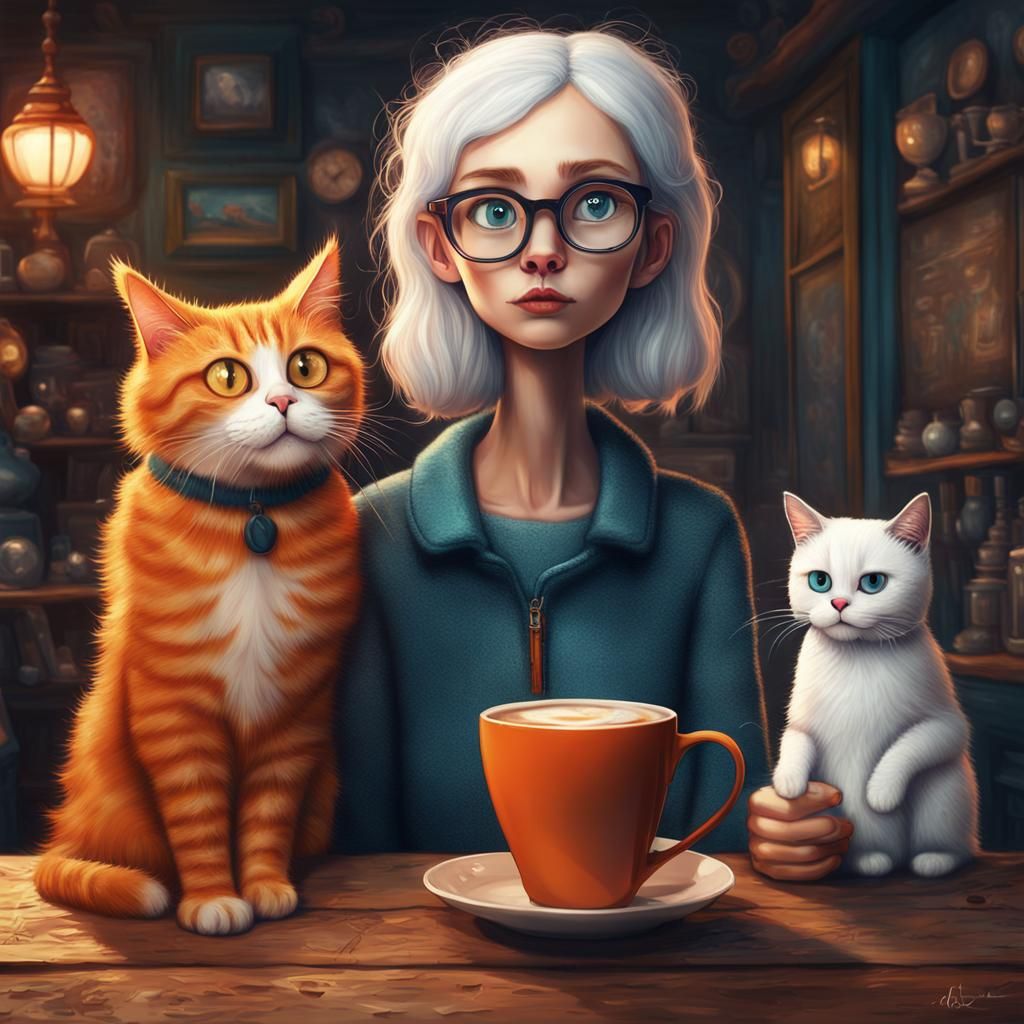 Girl with Cats Drinking Coffee in Burtonesque Impasto Style