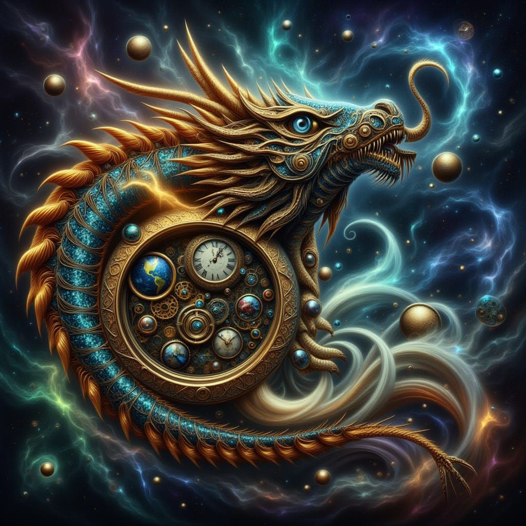 <lora:FiosTimeWarp:1.0> A celestial clockwork dragon