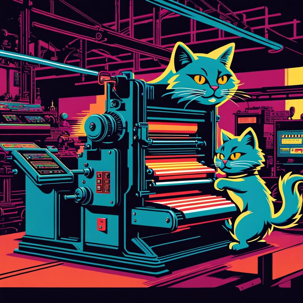 Retro Cats Run Printing Press in 8-Bit Style