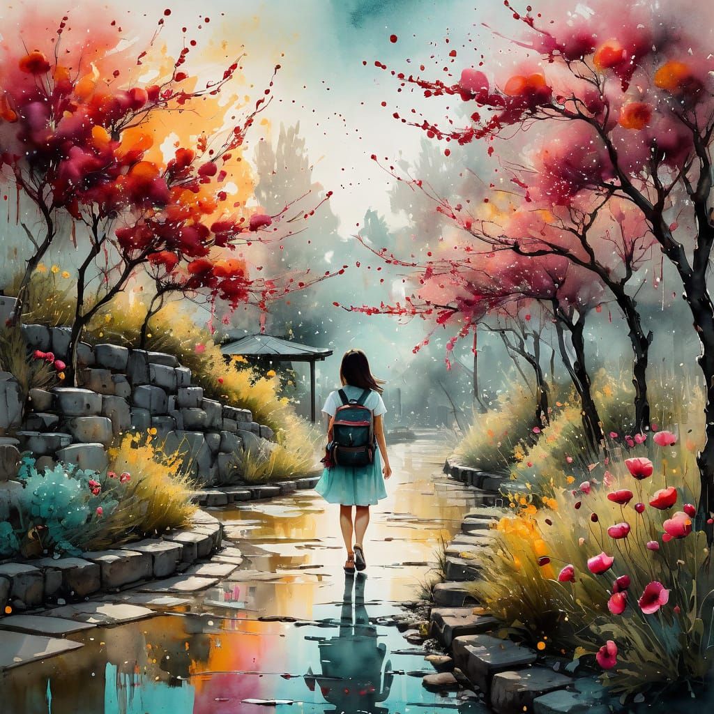 Ethereal Summer Garden Scene in Ink Texture Style