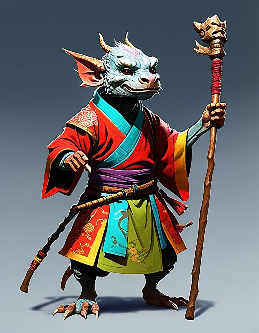 Kobold Monk with Staff in Asian Robes