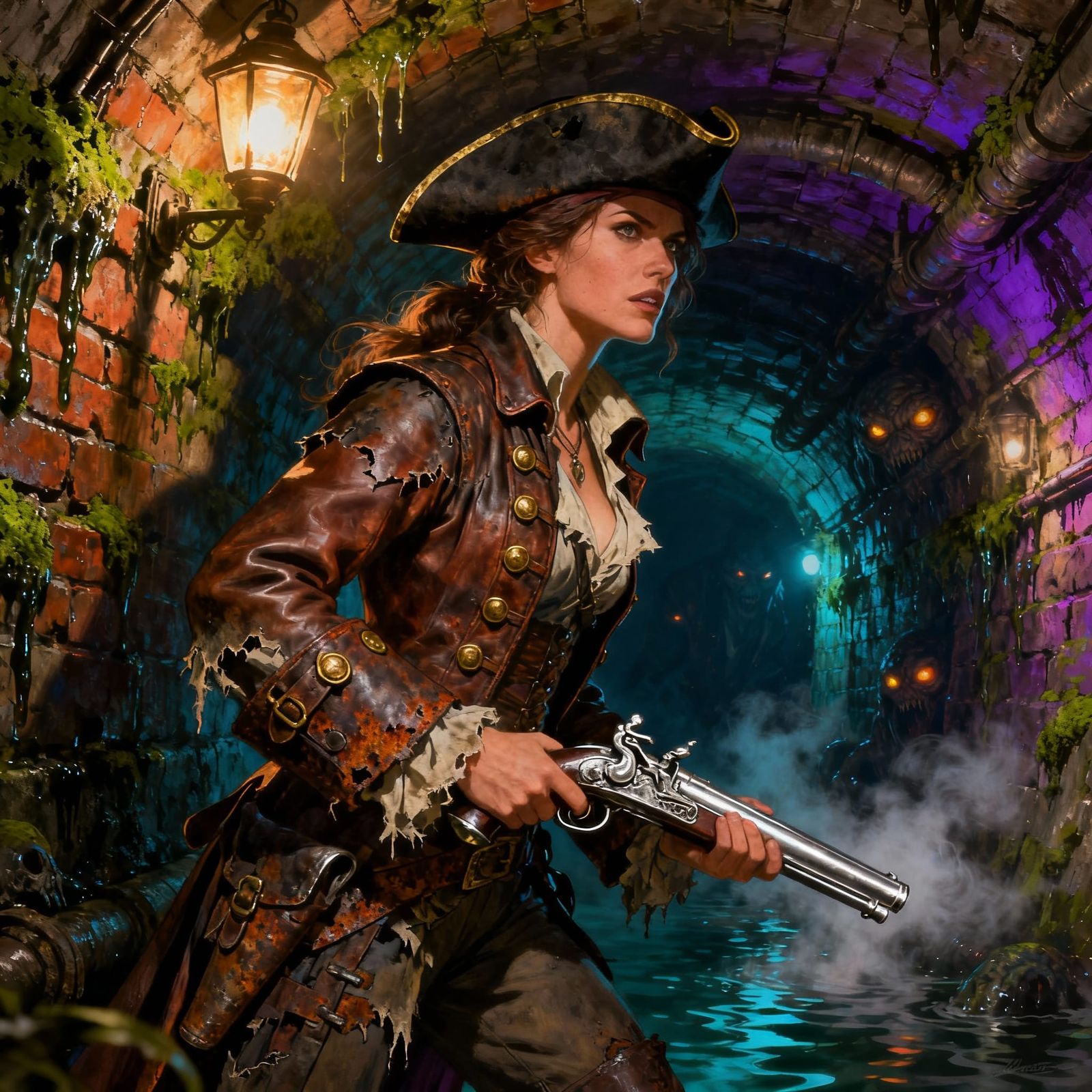 Monster Hunter in Victorian London Sewers, Dramatic Lighting