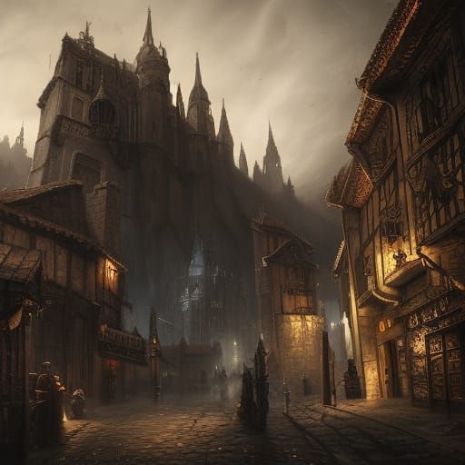 Dark Medieval Town in Detailed Matte Painting