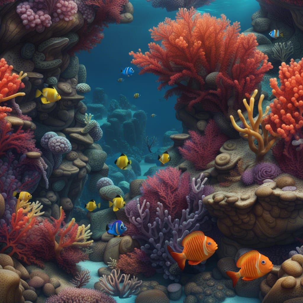 Vibrant Coral Reef Underwater Scene in Detailed Painting
