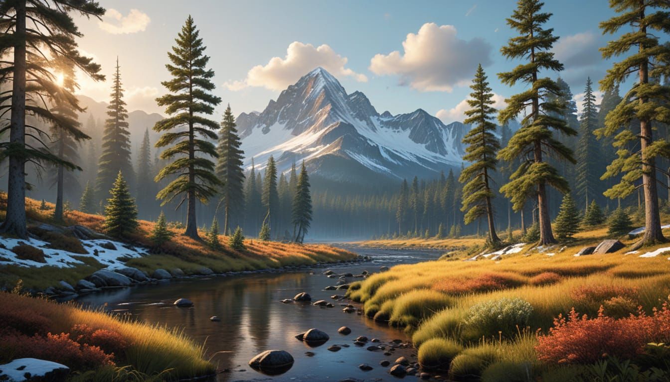 Serene Forest Landscape with Mountains in Golden Hour