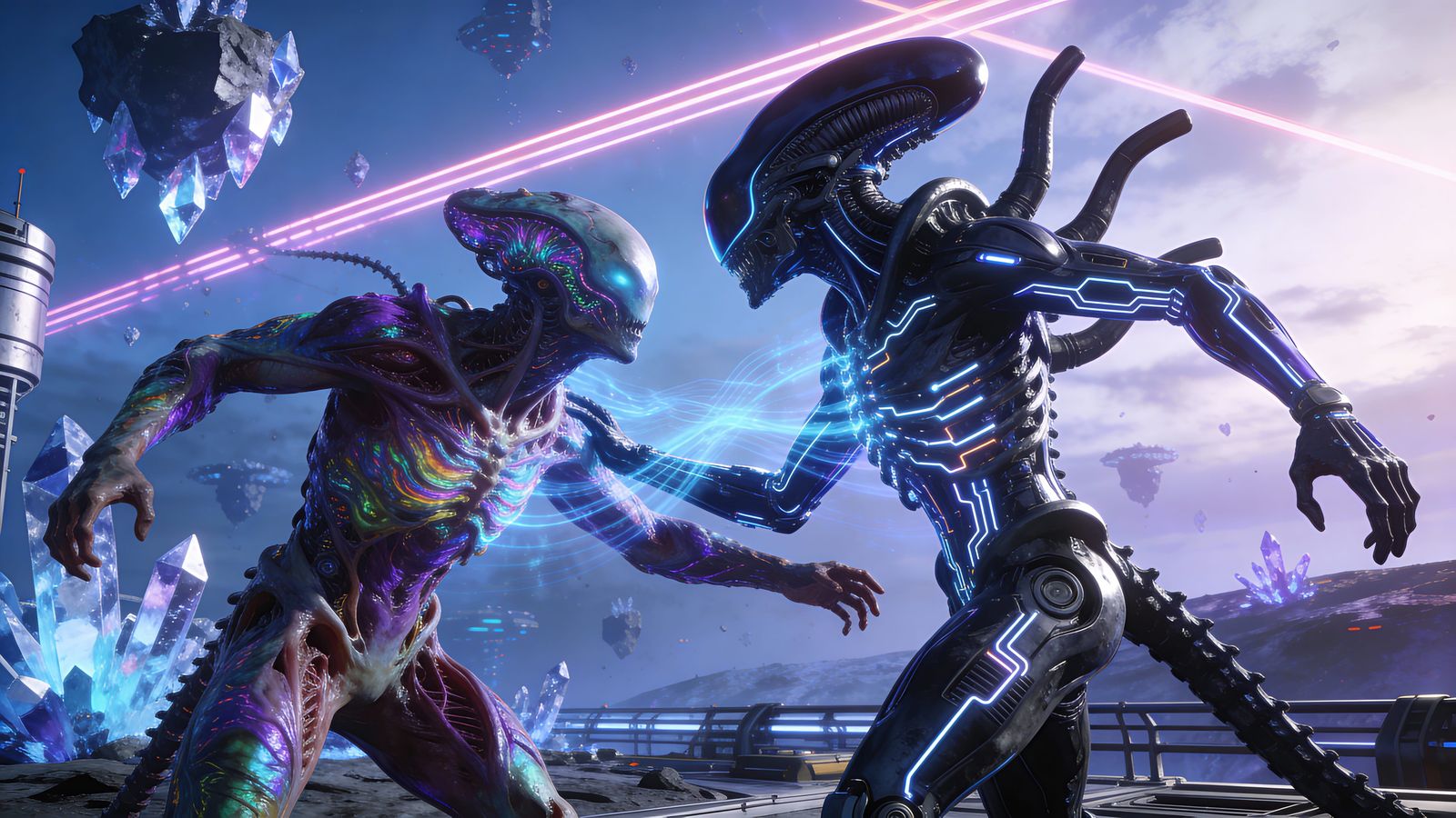 Cybernetic Aliens Interact in Sci-Fi Realism Scene