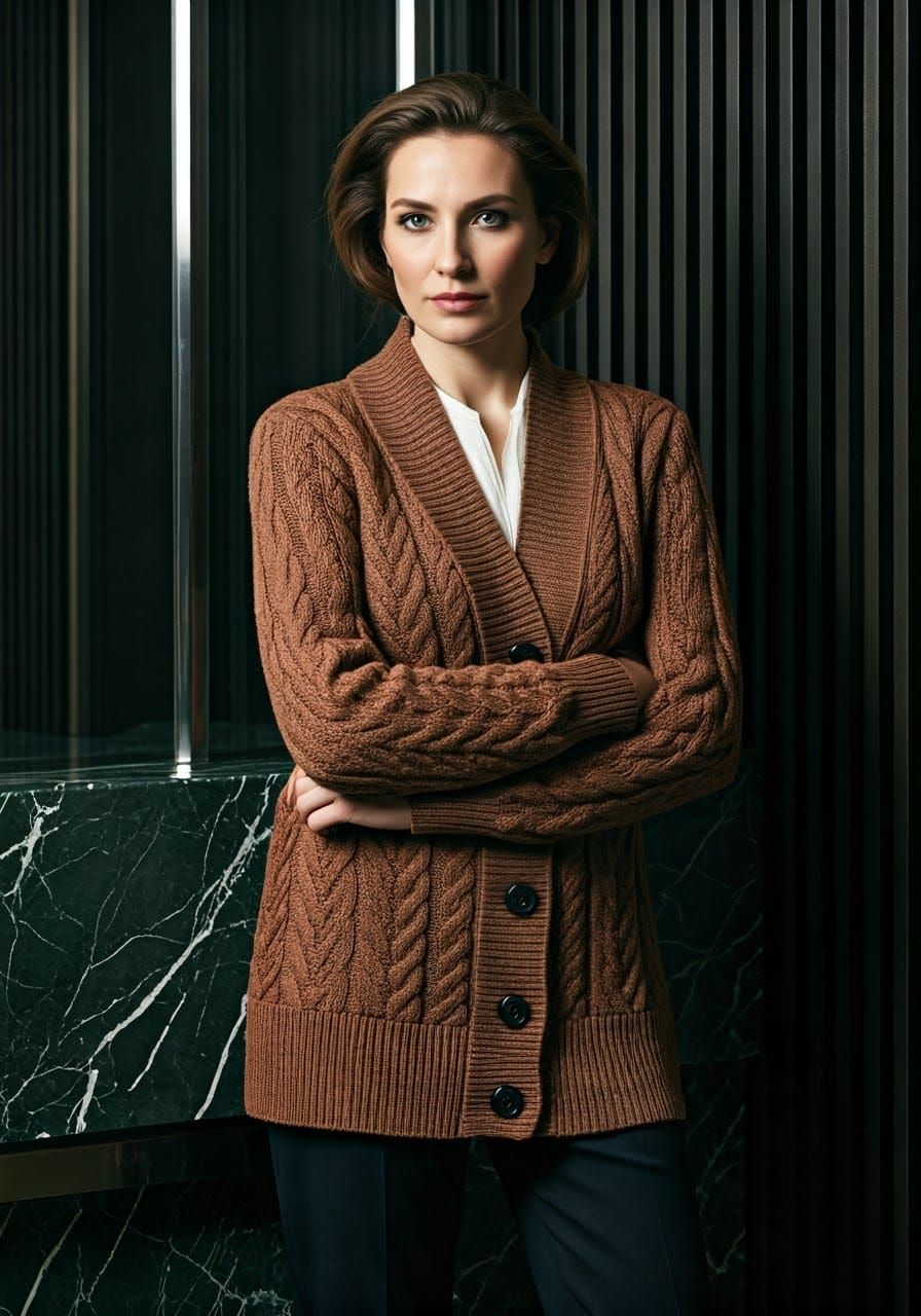 Elegant Woman in Cardigan Posing in Cityscape