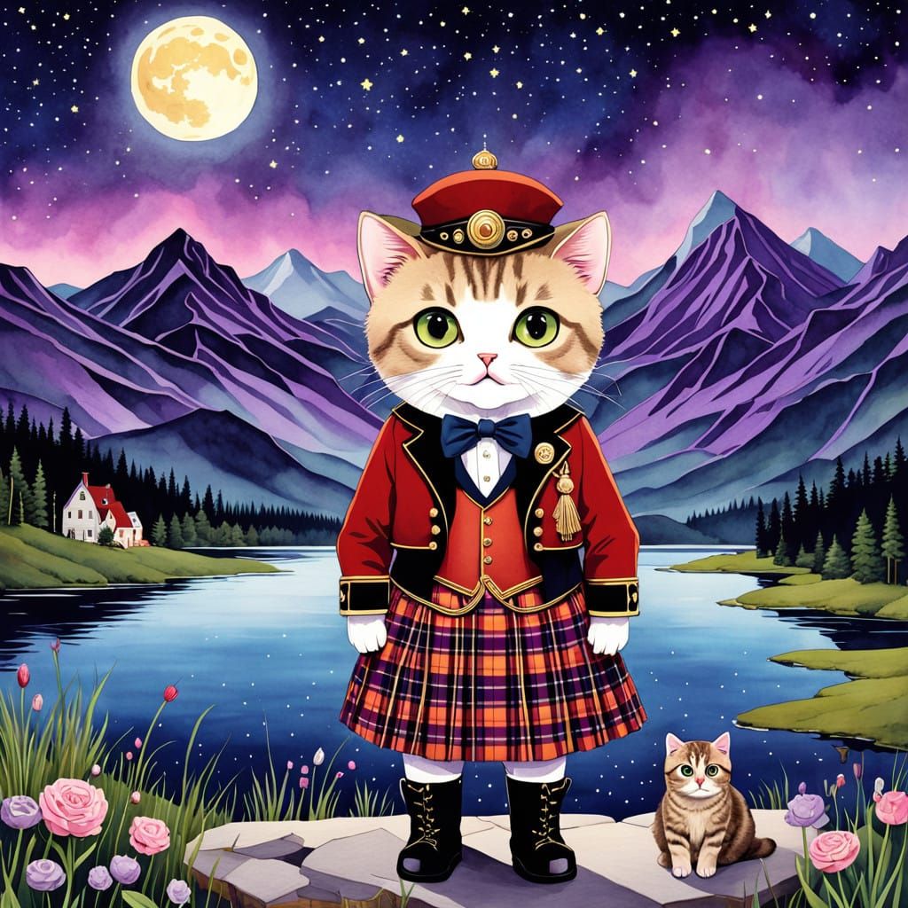 Whimsical Scottish Fold Kitten in Vintage Storybook Style