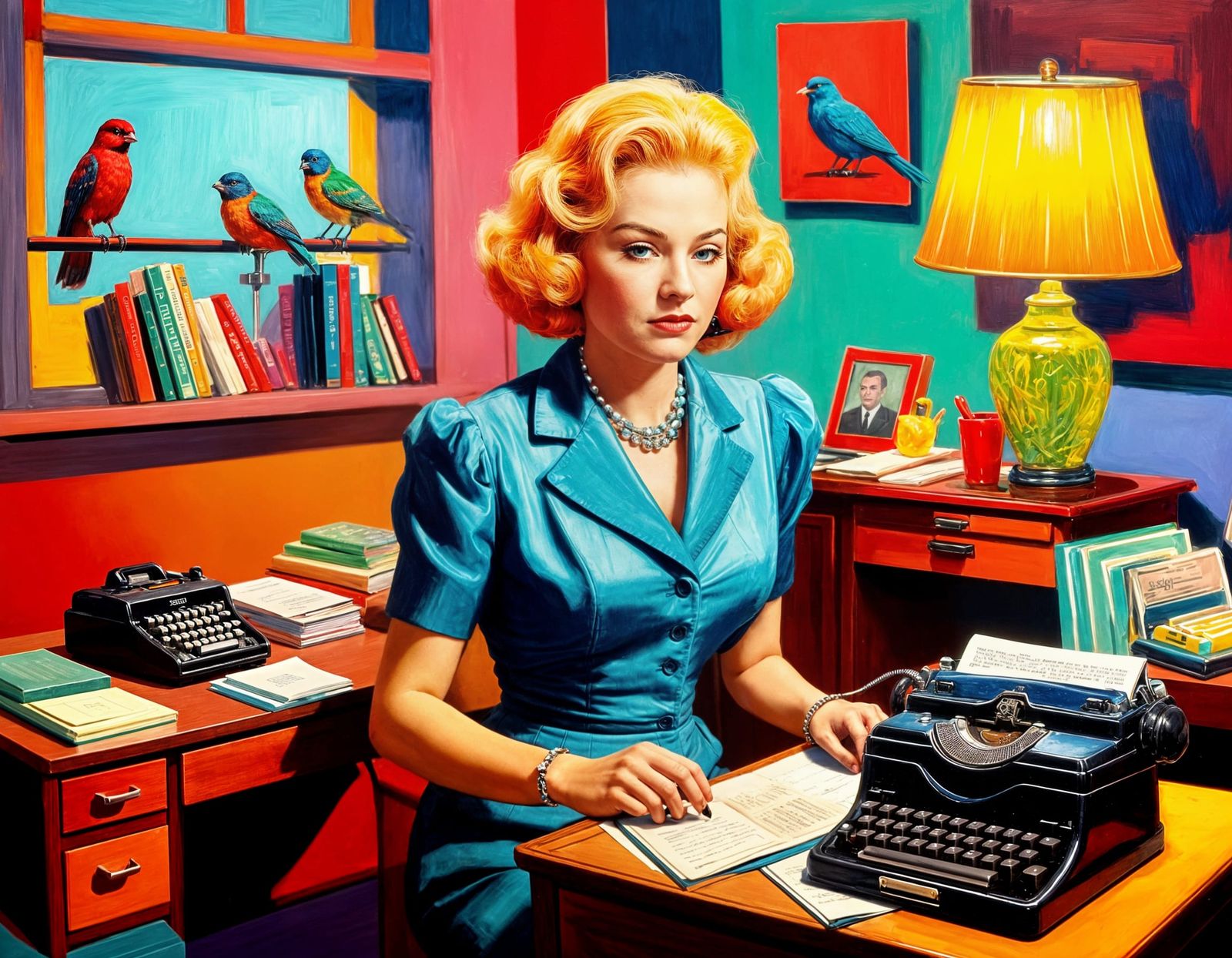 Mae West-Inspired Secretary in 1950s Office, Hyperrealistic