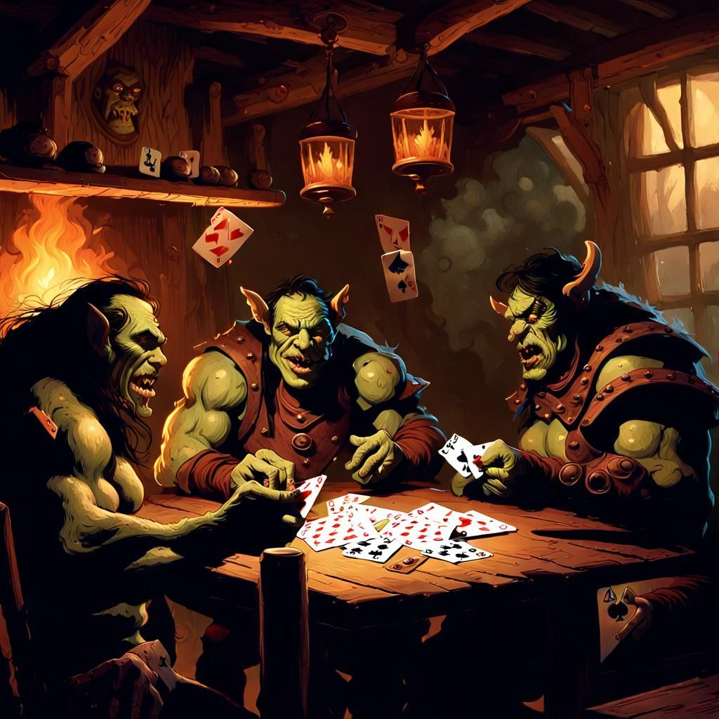 Orcs Playing Cards in Dimly Lit Tavern