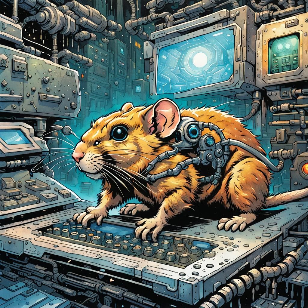 Cybernetic Gerbil Rodent with Bionics, Watercolor Comic Art