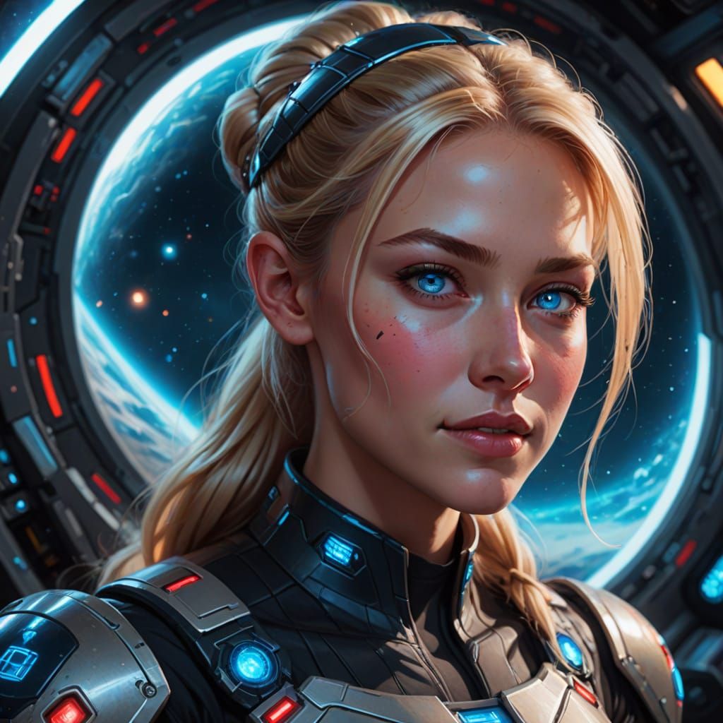 Blonde Woman Smiling in Sci-Fi Spaceship