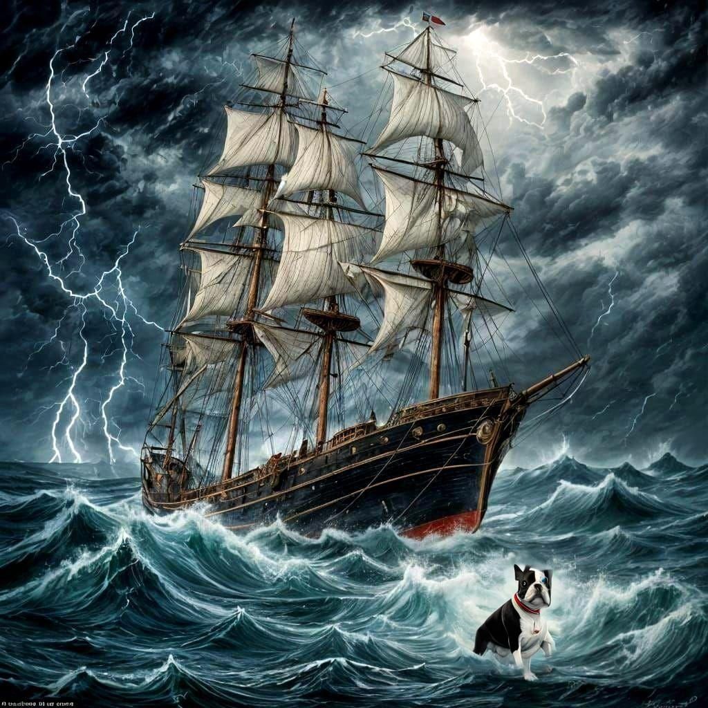 Boston Terrier's Perilous Voyage in Stormy Seas