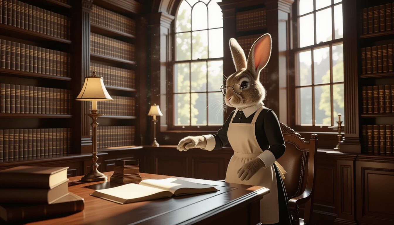 Anthropomorphic Rabbit Librarian in Tidy Victorian Library