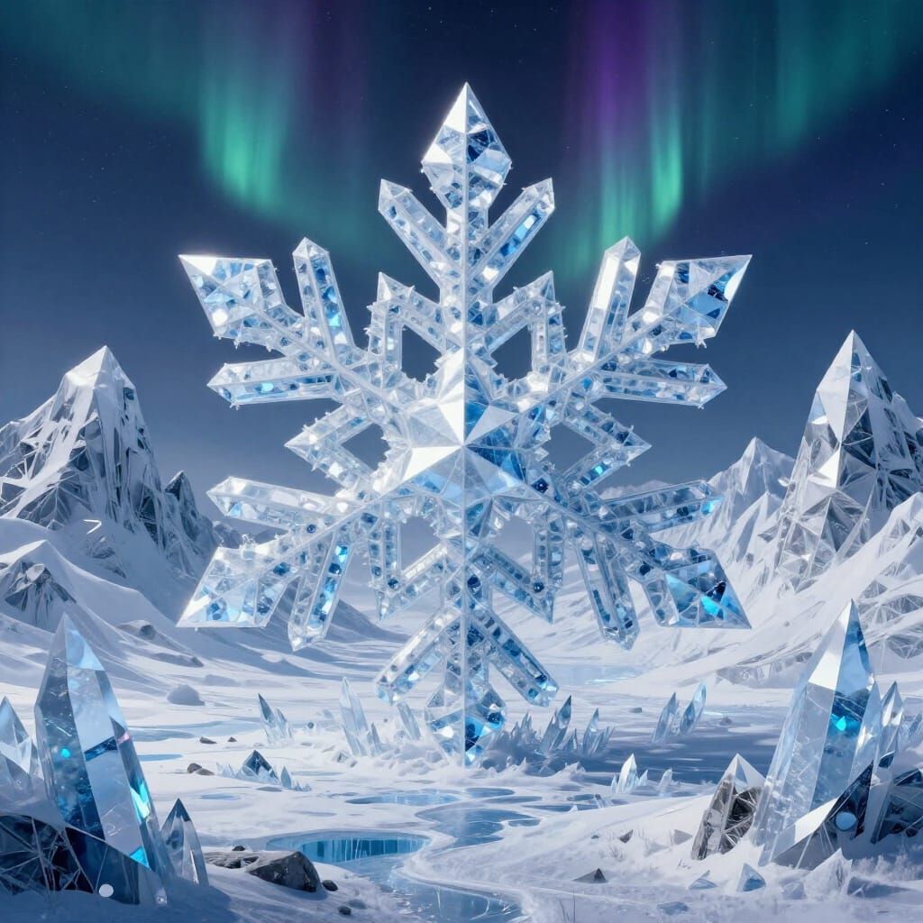 Otherworldly Crystalline Snowflake Landscape with Aurora