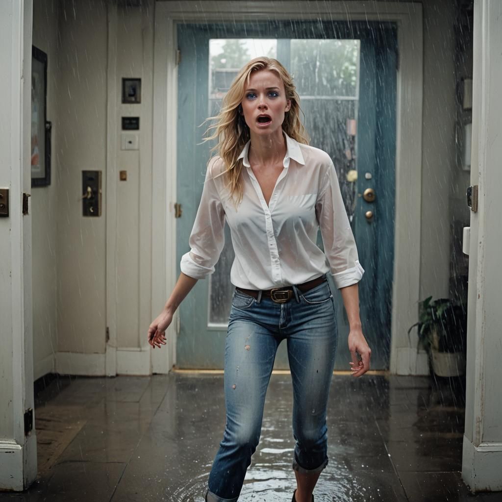 Rain-Soaked Woman in Doorway: Cinematic Film Still