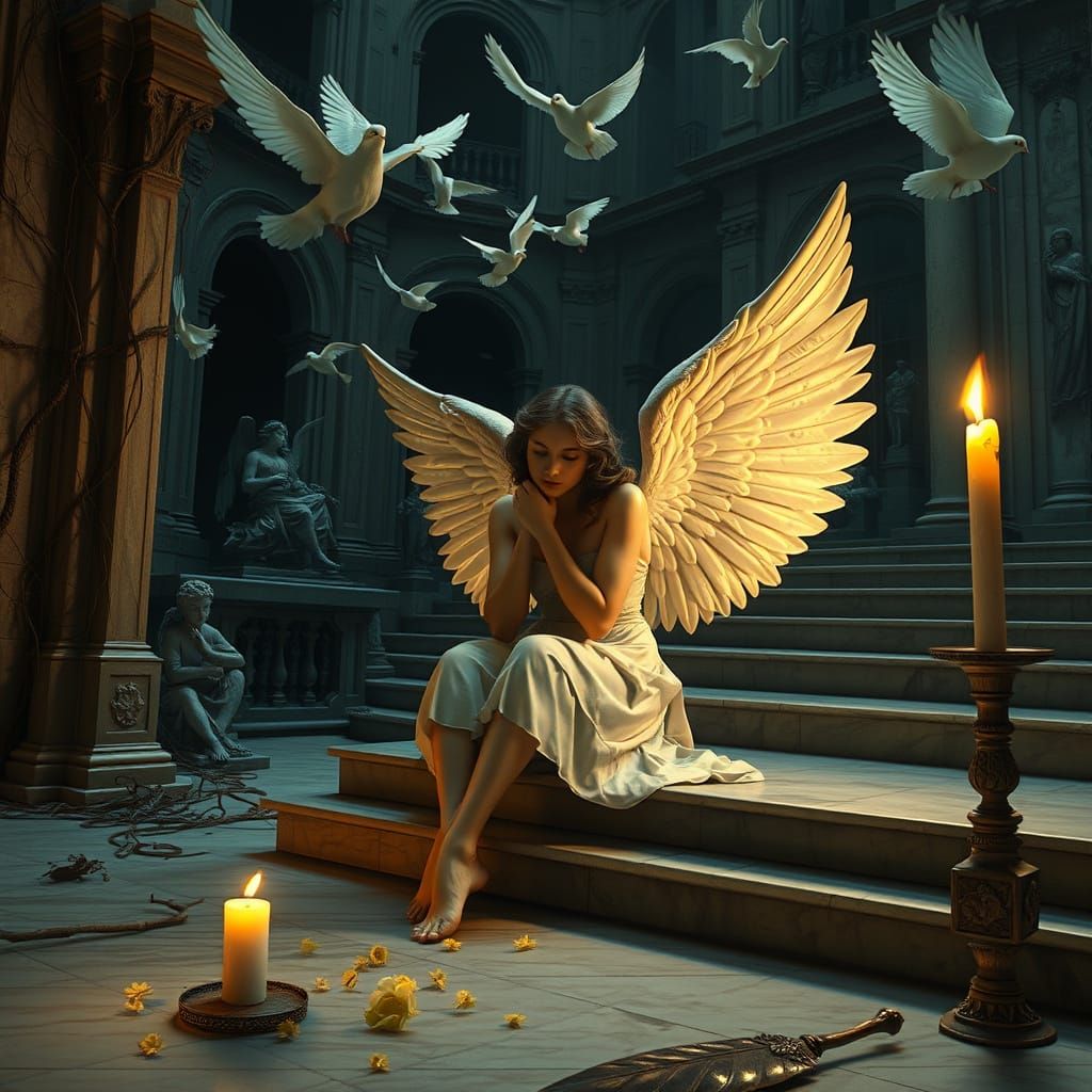Melancholy Angel on Cathedral Steps in Renaissance Style