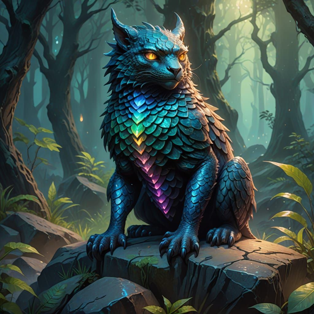 Gyatt on a Rock in Misty Forest, Digital Painting