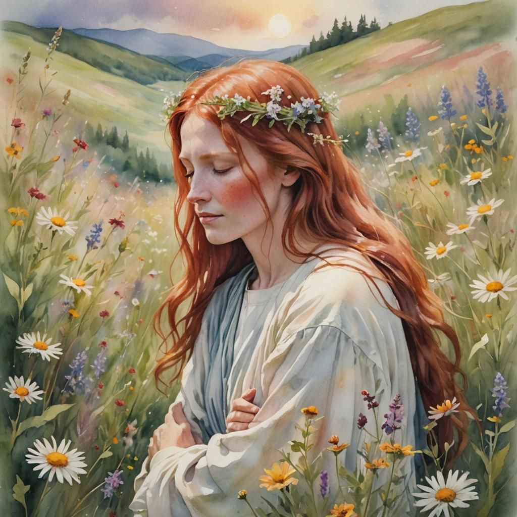 Woman Hugging Jesus in Watercolor with Wildflowers