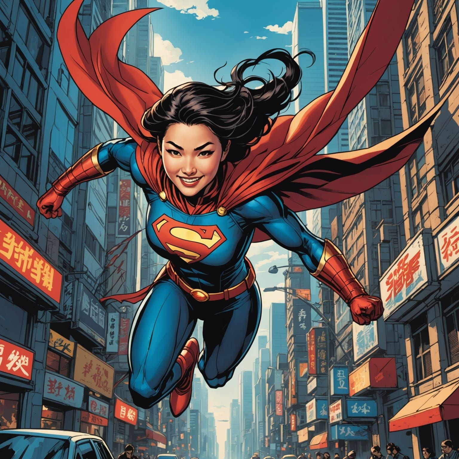 Asian Superheroine Flies Through City: Comic Book Art