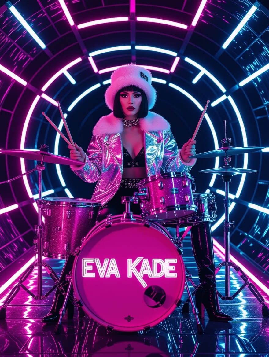 Cyberpunk Drummer in Neon-Lit Tunnel