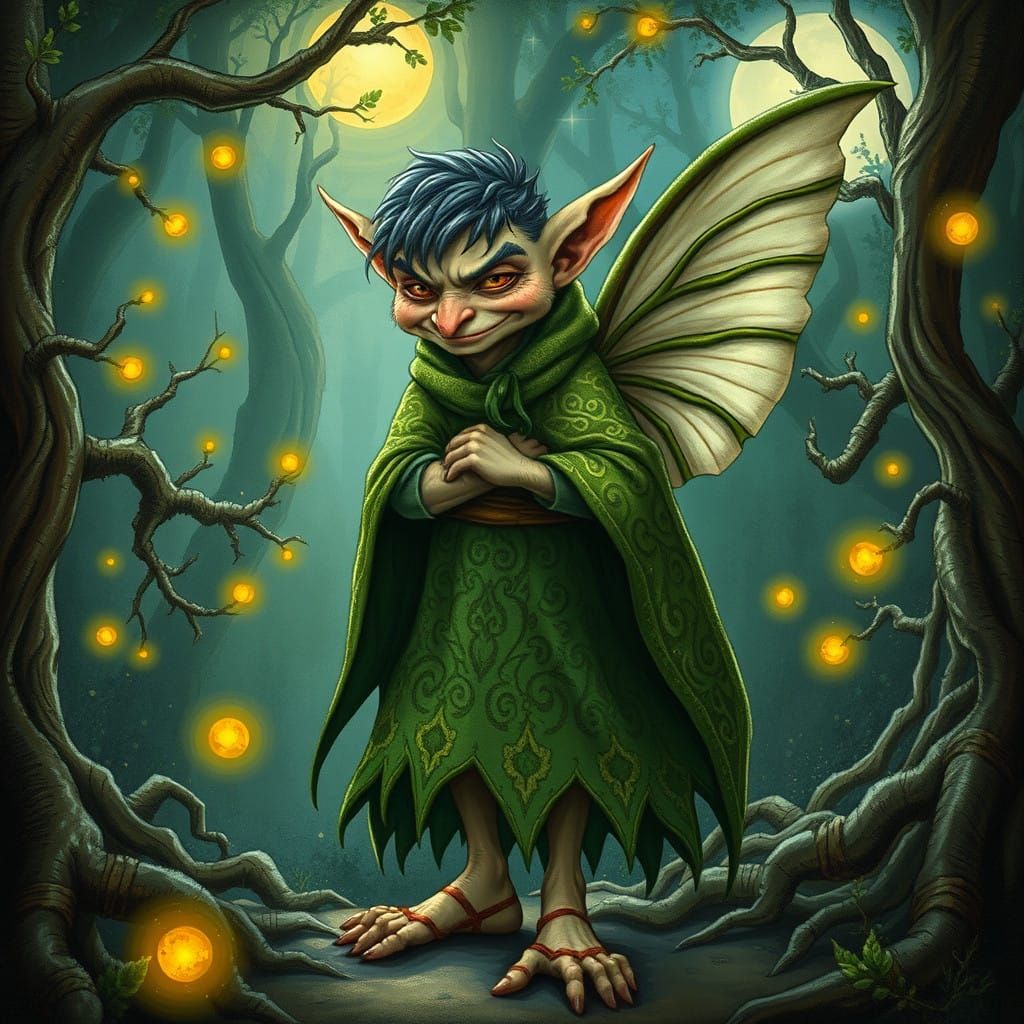 Ethereal Fae Trickster in Lush Moonlit Forest