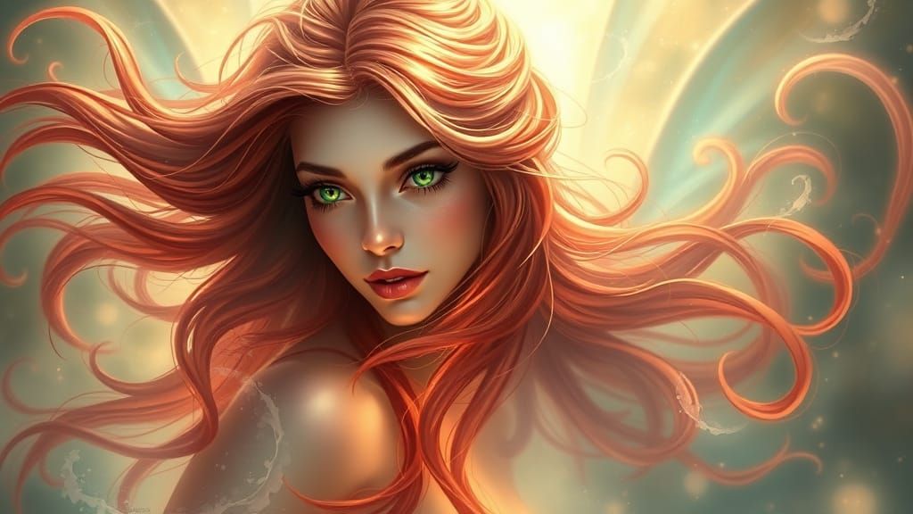 Divine Goddess with Red Hair and Green Eyes in Magical Light