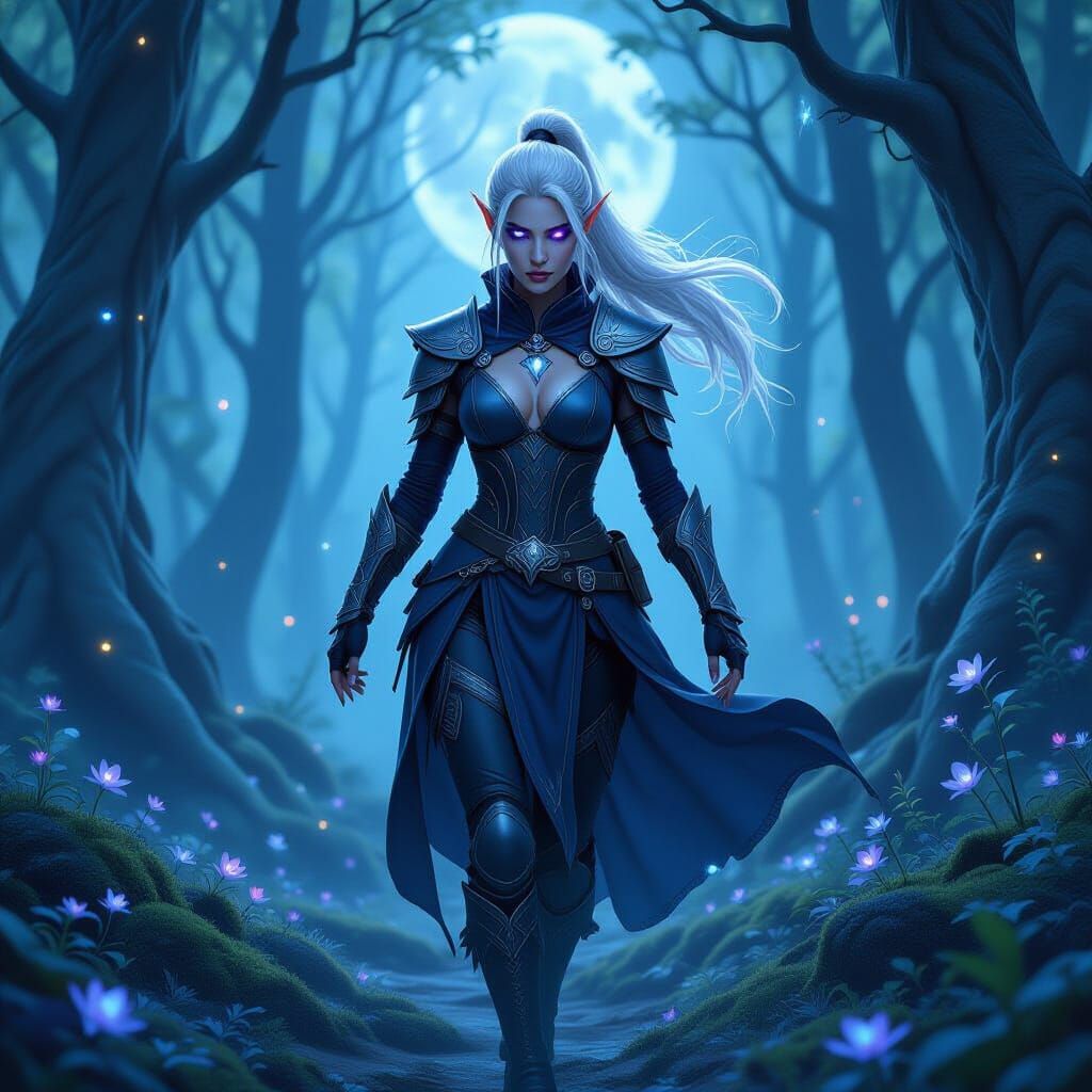 Moonshadow Elf Warrior in Ethereal Silverwood Forest