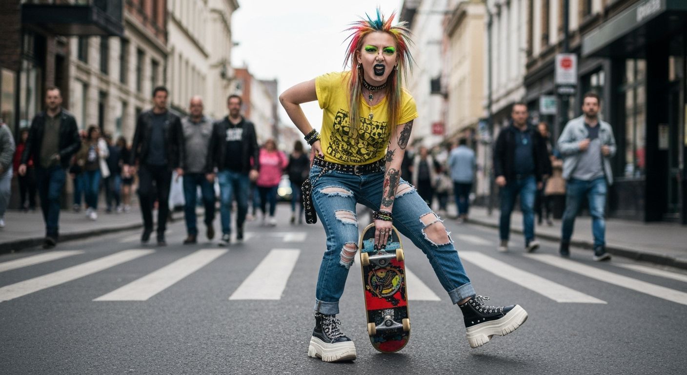 Vibrant Punk Girl with Skateboard in Street Photography Styl...