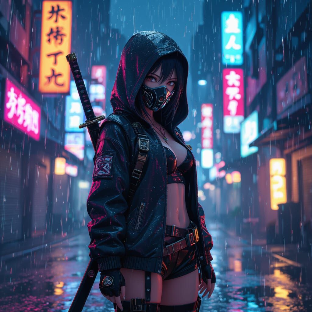 Cyberpunk Anime Girl in Neon Rain