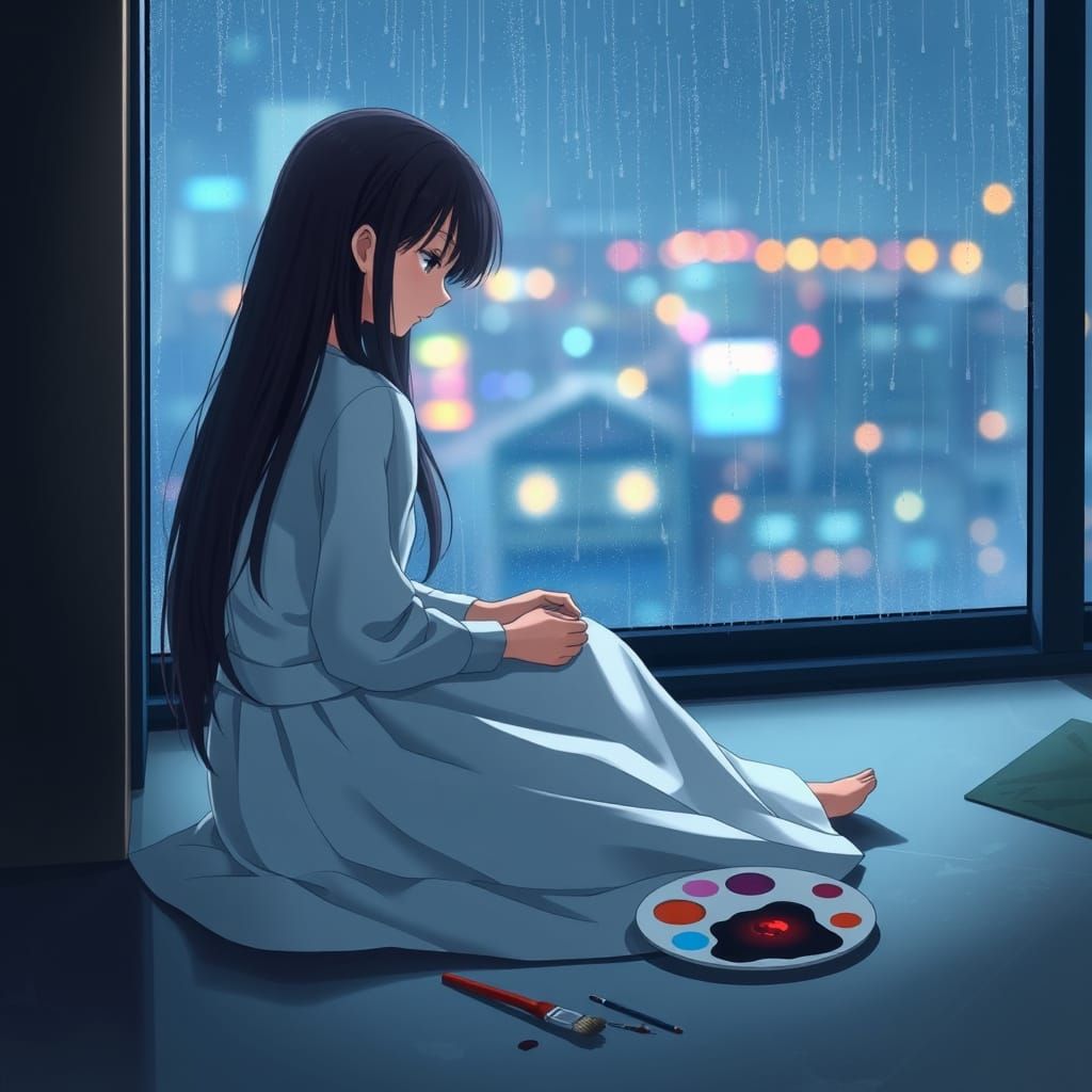 Elegant Anime Girl Lost in Thought in a Rainy Cityscape