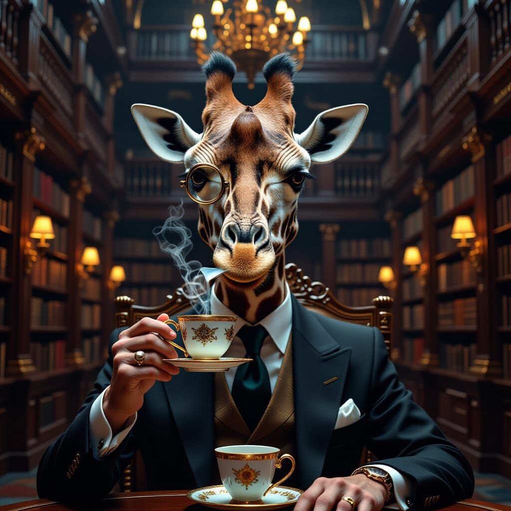 Giraffe Sipping Tea in Library, Neo-Classical Portrait
