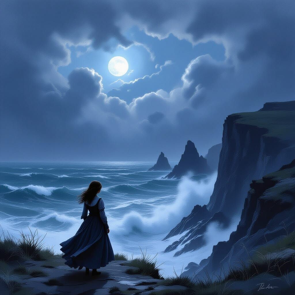 Victorian Girl on Stormy Cliff Overlooking Ocean