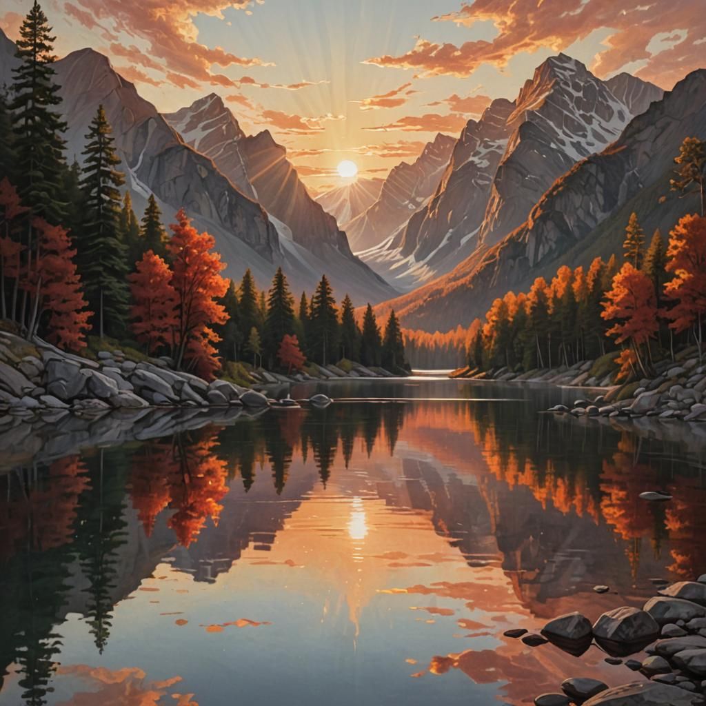 Hyperrealistic Mountain Lake Sunset Landscape Art