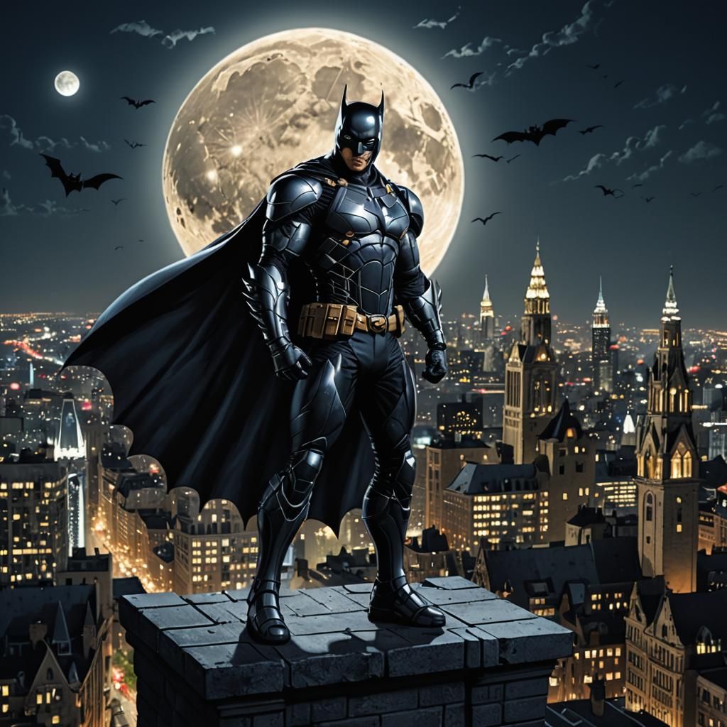 Caped Crusader on Gothic Ledge at Night