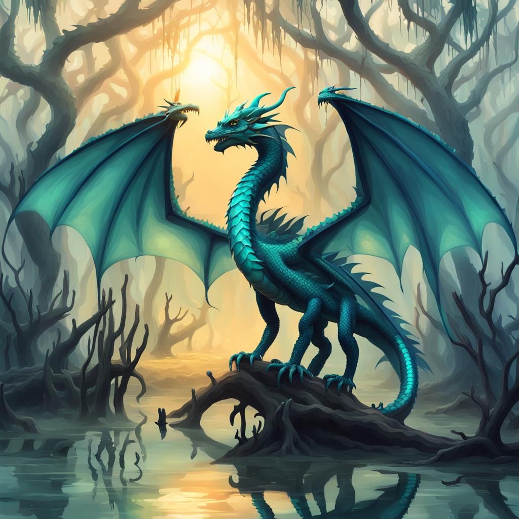 Fantasy Dragon in Foggy Mangrove