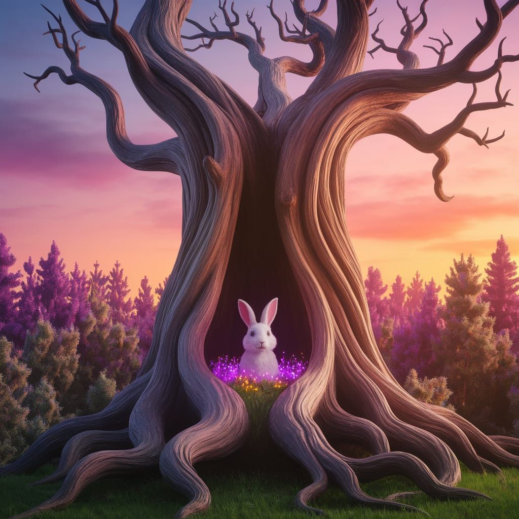 Whimsical Sunset Tree with Glowing Rabbit Hole